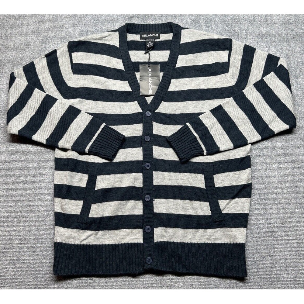 Ablanche Cardigan Sweater Mens XL Navy Gray V-Neck Long Sleeve Preppy Y2K New
